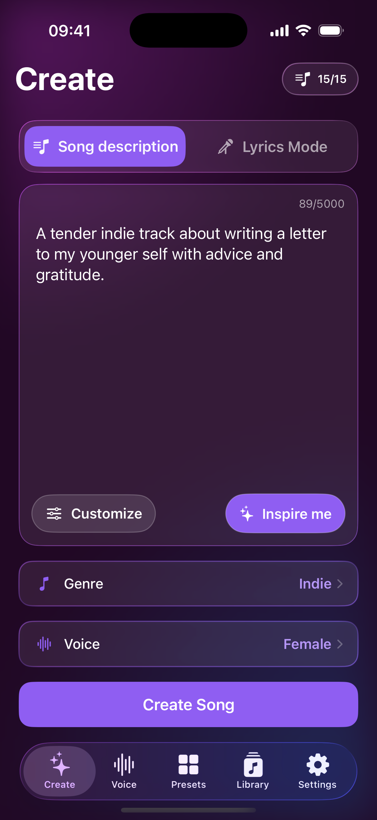 Create screen with a song description prompt, genre, and voice settings
