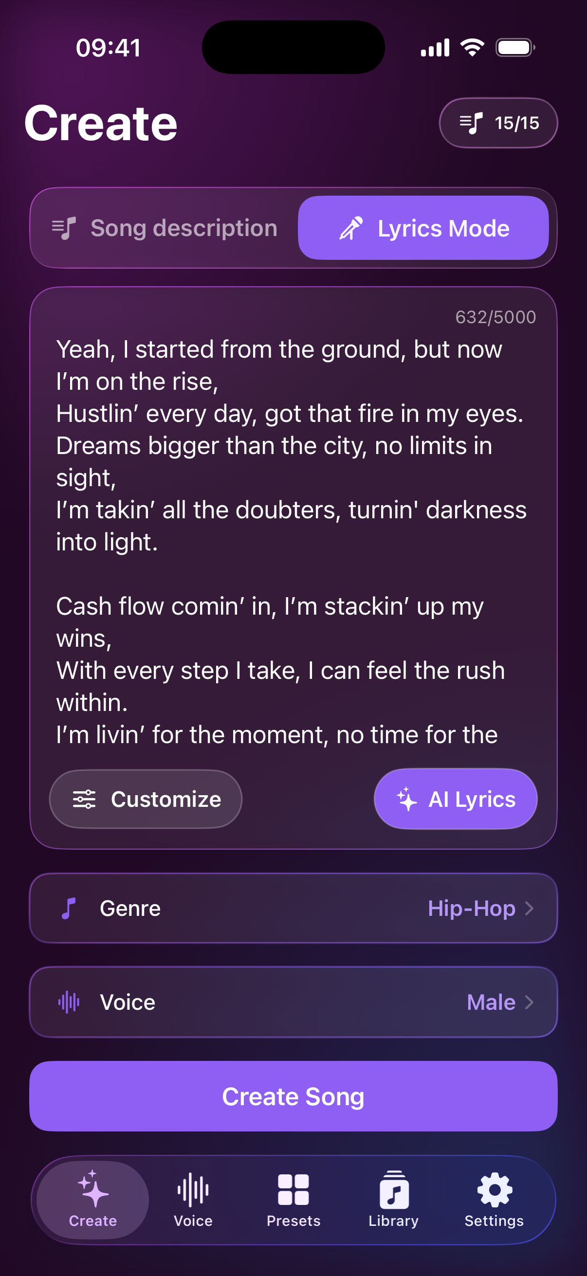 Lyrics Mode with custom lyrics ready to generate a song