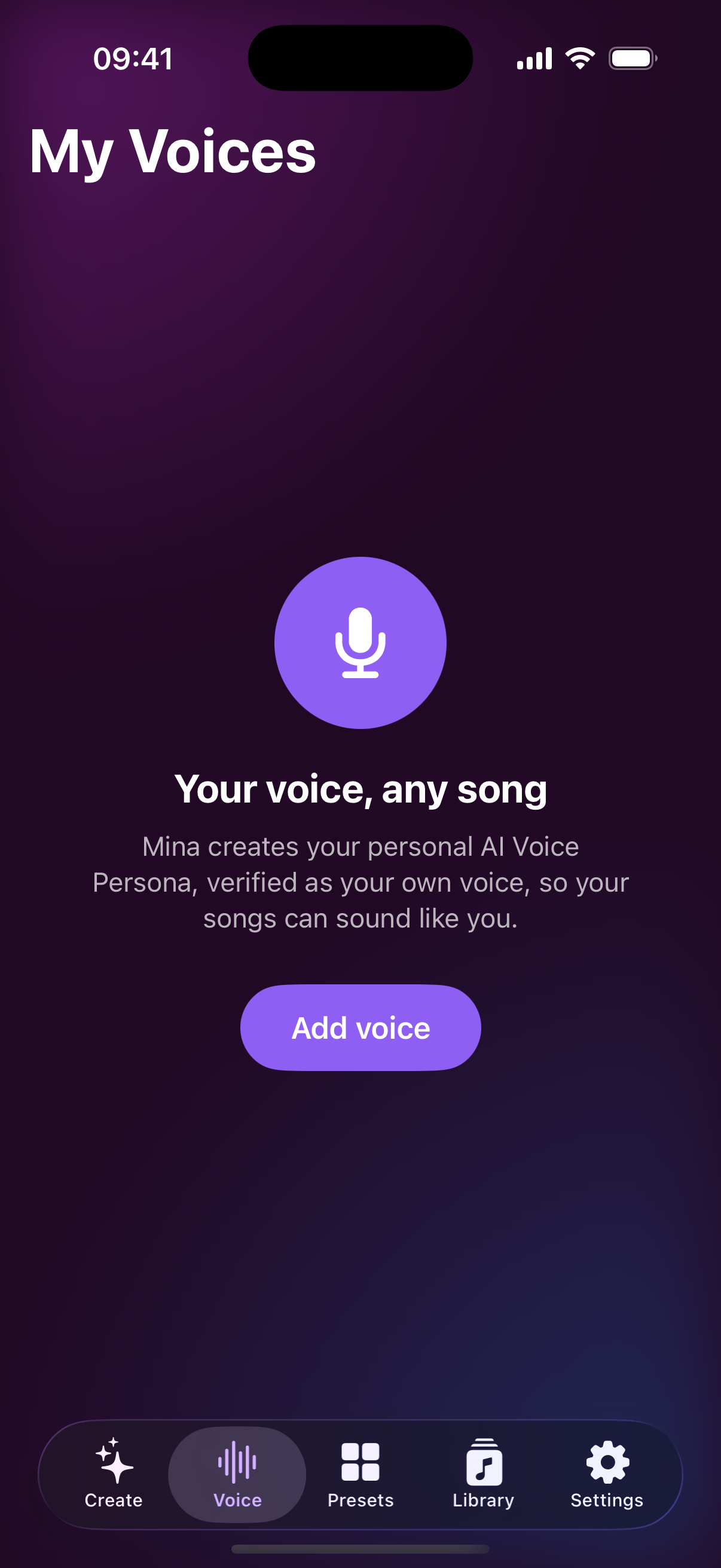 My Voices screen to add a personal AI Voice Persona