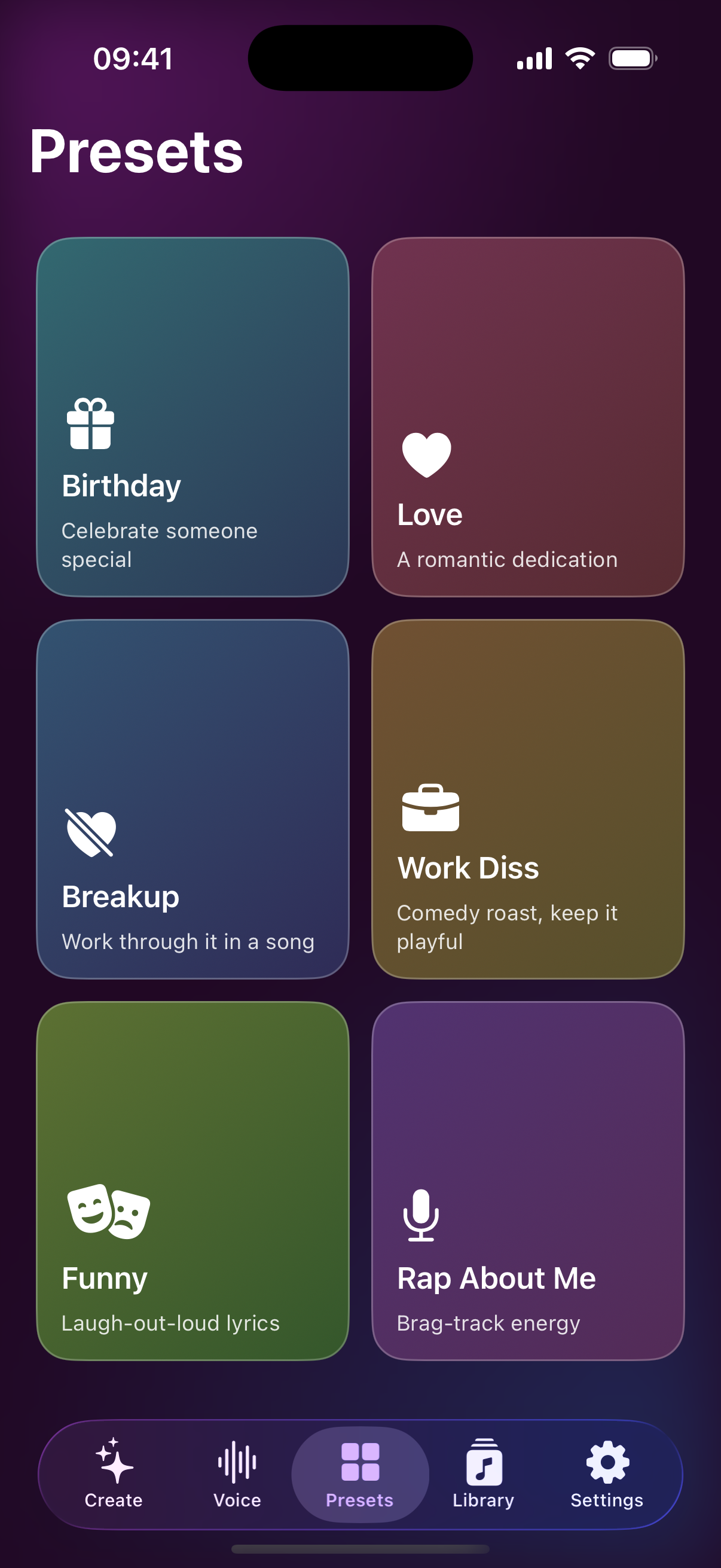 Presets grid for birthday, love, breakup, and other moods