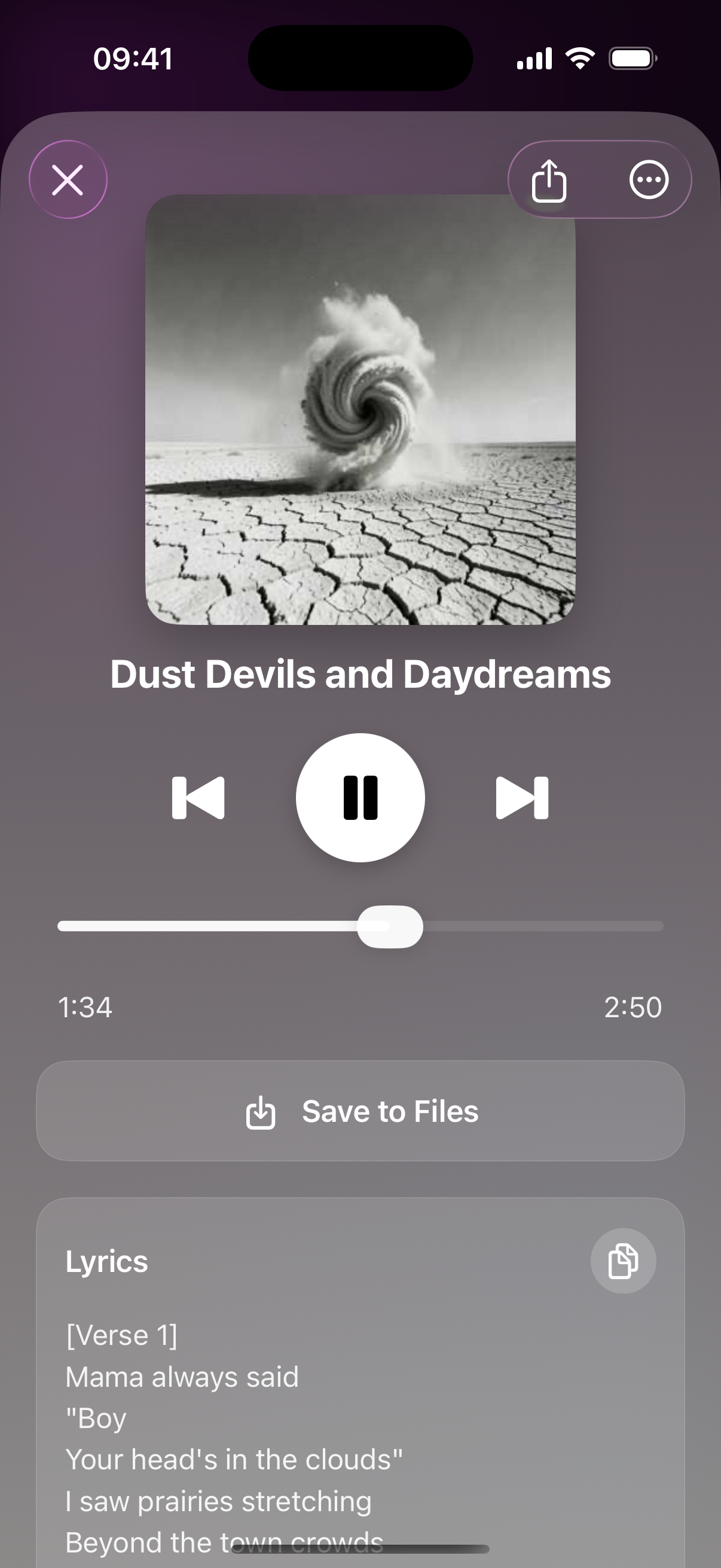 Player with save, share, and lyrics for a generated track